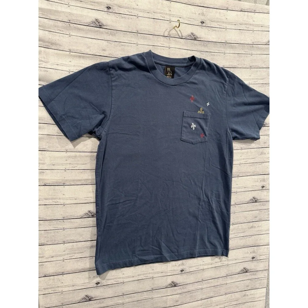 OVO Octobers Very Own Mens Pocket T Shirt Sz M Blue Fade Stitch Print Drake